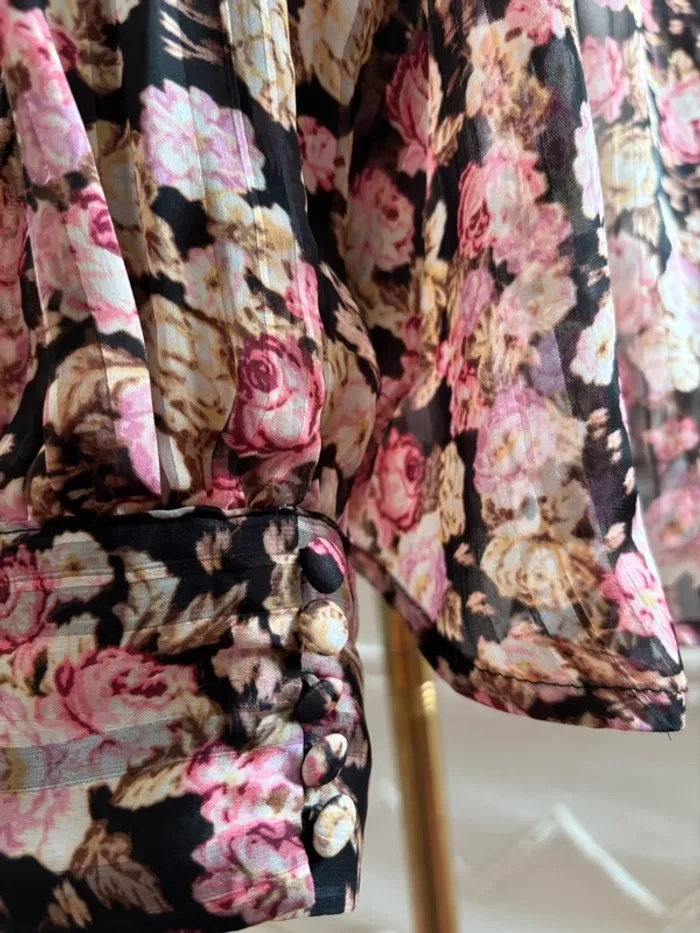 Blouse fleurie transparente col montant plissé – H&M – Taille L – style coquette romantique vintage - photo numéro 4