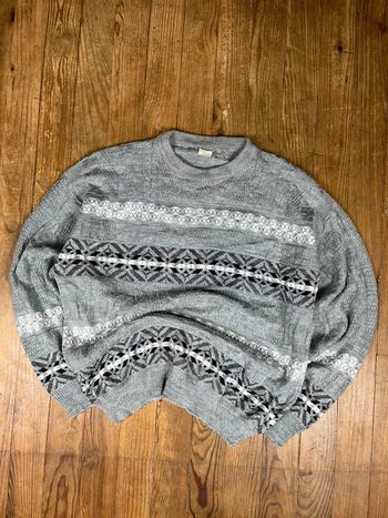 Pull vintage maille motifs rayures gris L