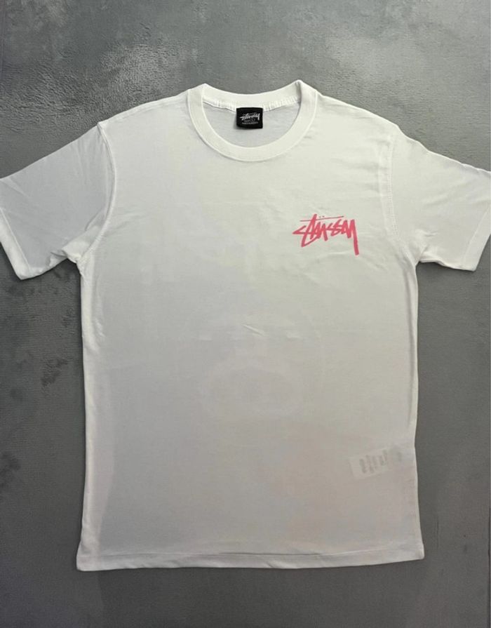 T-shirt Stussy White Crewneck Big Logo Back Pink – Taille L - photo numéro 3