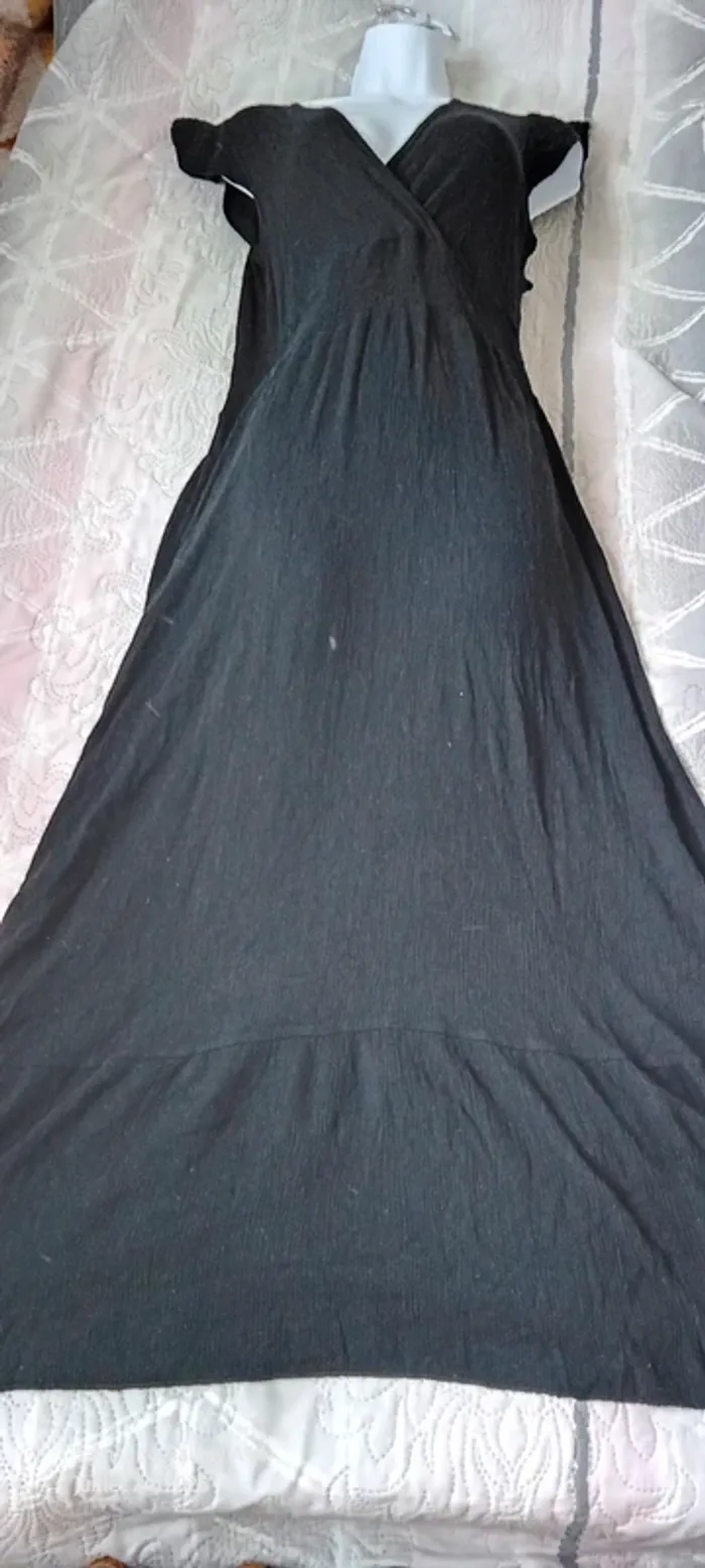 Robe noire très longue effet plissé cache cœur taille smock femme 38/40 made in italy - photo numéro 10