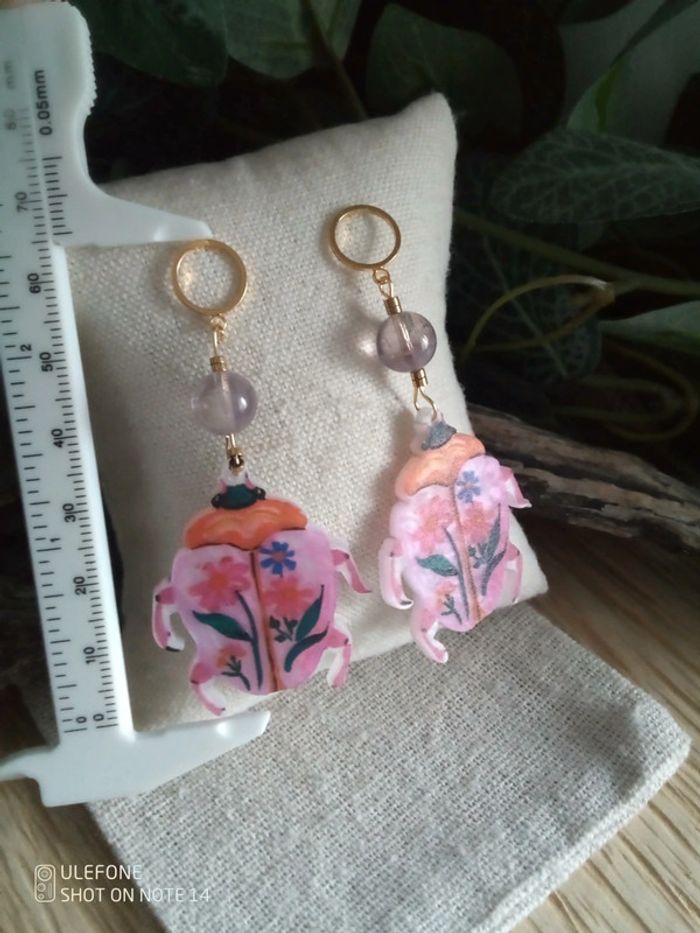 Boucles d'oreilles améthyste et scarabées roses - photo numéro 2