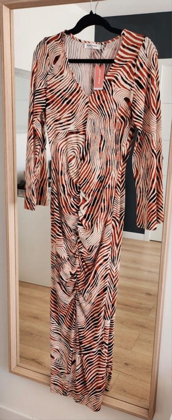 Robe longue manches longues moulante orange noir beige taille M Naf Naf