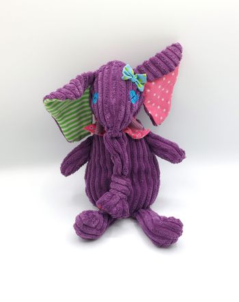 Peluche doudou éléphant violet mauve LES DEGLINGOS rose vert nœud 32 cm allongé