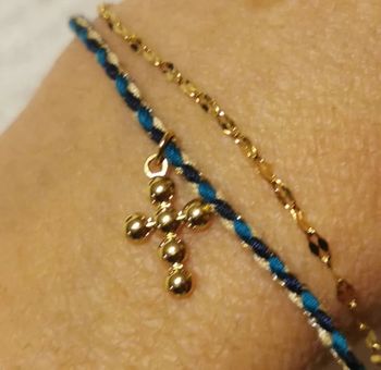 Bracelet double rangs cordons tressés chaîne croix acier inoxydable or