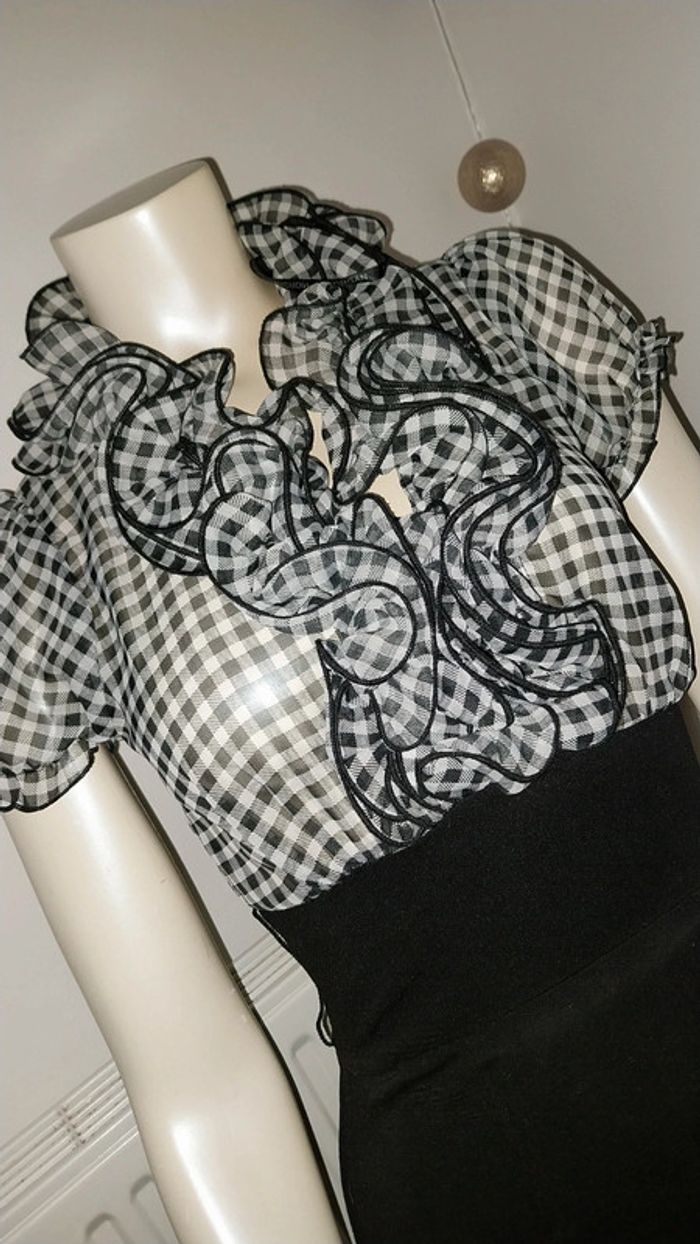 Robe rétro chic bimatiere vichy noir et blanc col jabot by Morgan état neuf taille S - photo numéro 4