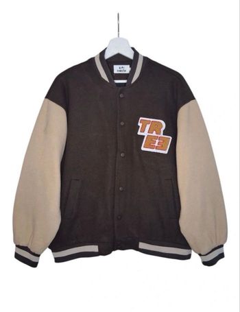 Blouson varsity / teddy marron & beige – patch brodé taille M