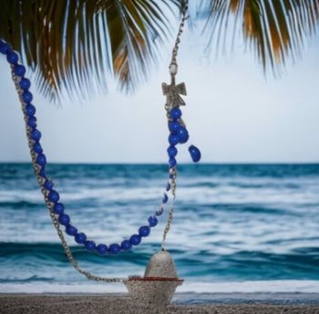 Collier sautoir métal et perles bleu