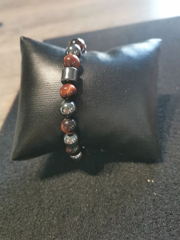 Bracelet tendance 8mm œil de tigre rouge et acier