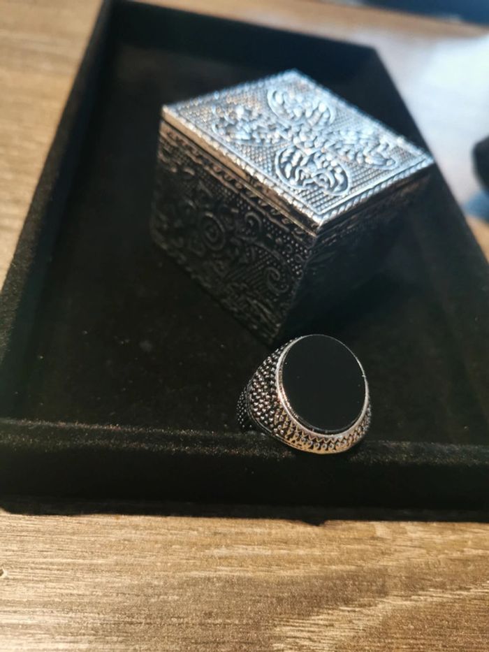 Chevalière homme acier et pierre noire T13 - photo numéro 2