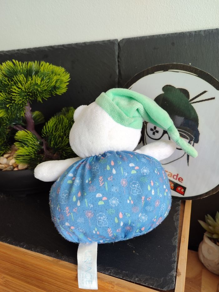 Doudou Ours Boule Bleu Blanc Bonnet Vert Uriage Goutte Fleur Flocon Demi Cercle - photo numéro 2