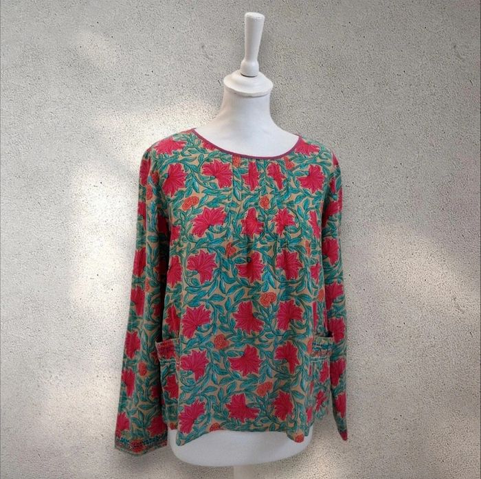 Blouse imprimée à fleurs en lin manches larges M