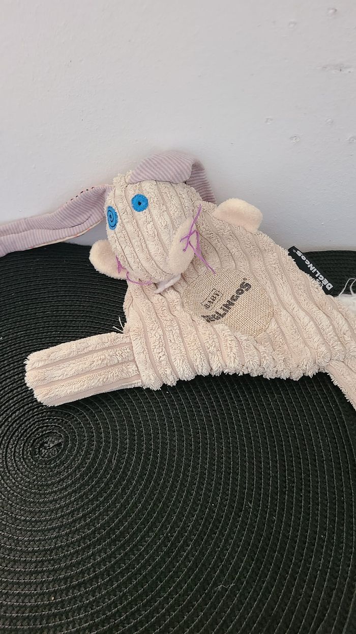 Doudou plat lapin LES DEGLINGOS Lapinos beige grandes oreilles 29 cm