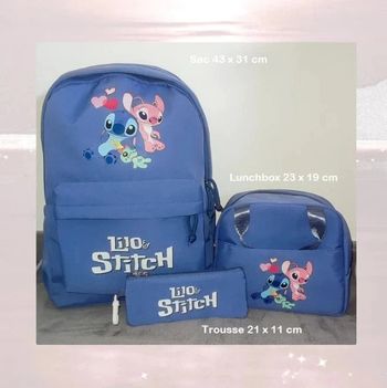 🌸 Ensemble scolaire Sac à Dos, Lunchbox et Trousse Stitch & Angel bleu
