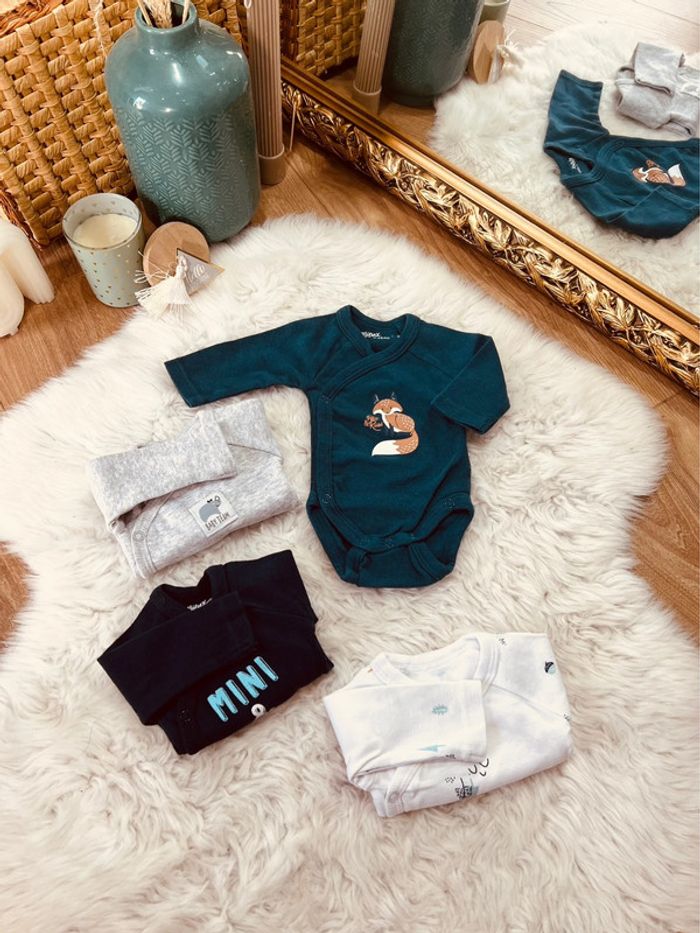 Taille naissance lot de 4 bodies manches longues garçon Gemo blanc bleu gris marine 💙