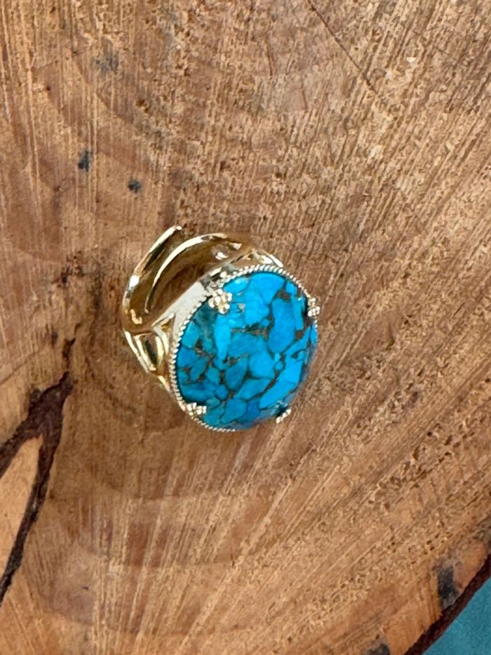 Grosse bague habaha Paris acier inoxydable or travaillées réglable grosse pierre turquoise - photo numéro 8
