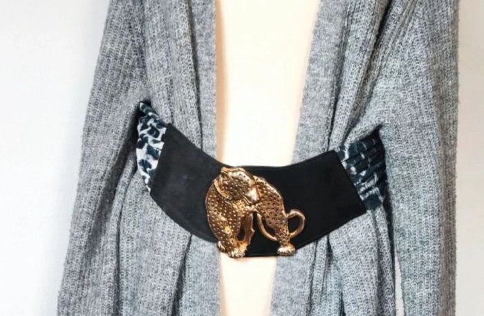 💎grosse ceinture cuir noir et doré vintage rare créateur 80s luxe créateur boucle tigre léopard - photo numéro 2