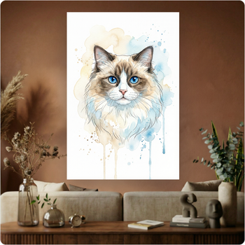 Affiche murale "Chat Ragdoll" aquarelle bleu artistique poster décoration A3 Sans cadre