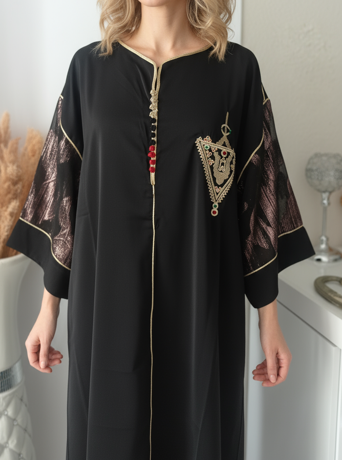 Gandoura Marocaine en Crêpe de Soie – Caftan  Manches Tlija