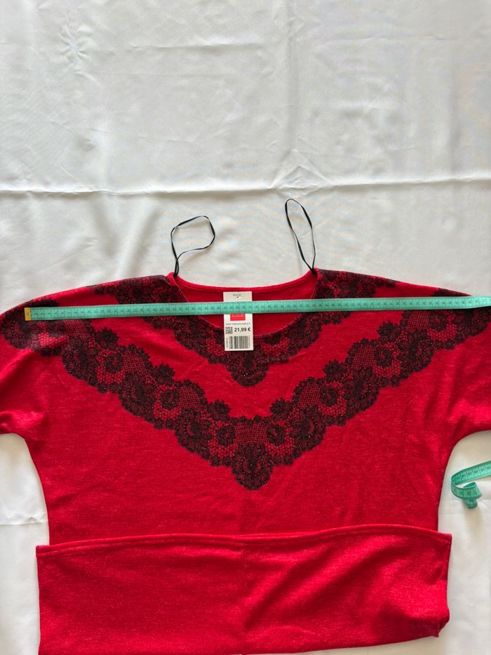 Pull rouge à manches 3-4 avec détail noir en dentelle - Plus Collection - 3XL/4XL-46/48 - photo numéro 8