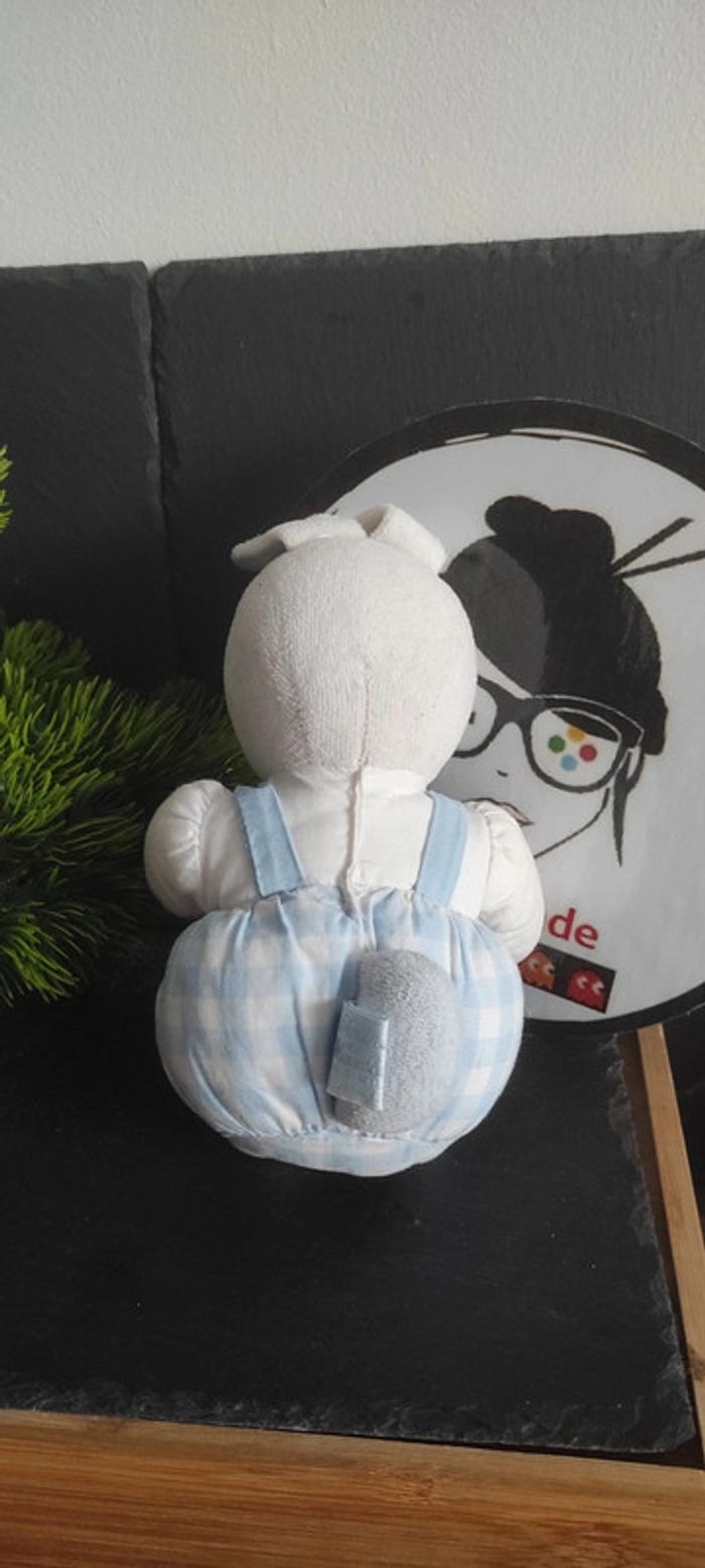doudou peluche lapin blanc bleu carreaux salopette tartine et chocolat  vichy ancien vintage - photo numéro 2