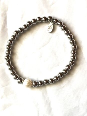 Bracelet Extensible Grosse Perle Blanche Petites Perles Bijou Argenté Fantaisie Hommes Femmes