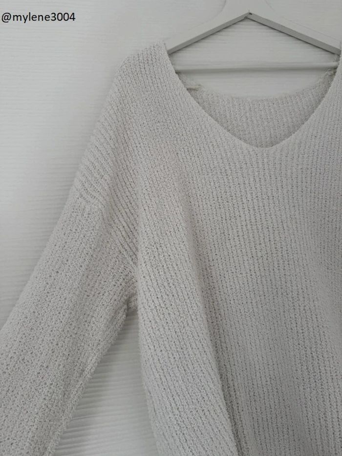 Pull d'hiver en maille blanc uni basique simple col V - photo numéro 2