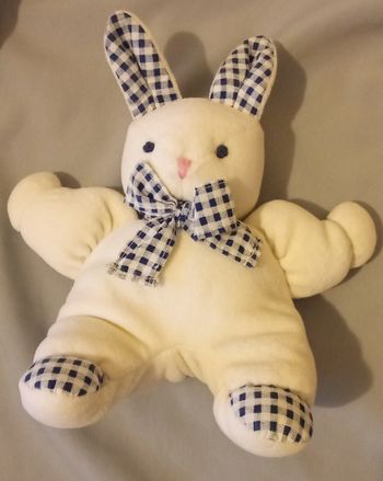 doudou lapin blanc vichy bleu Tigex vintage ancien 23 cm oreilles incluses nez brodé fil roses clairs noeud au cou yeux brodés