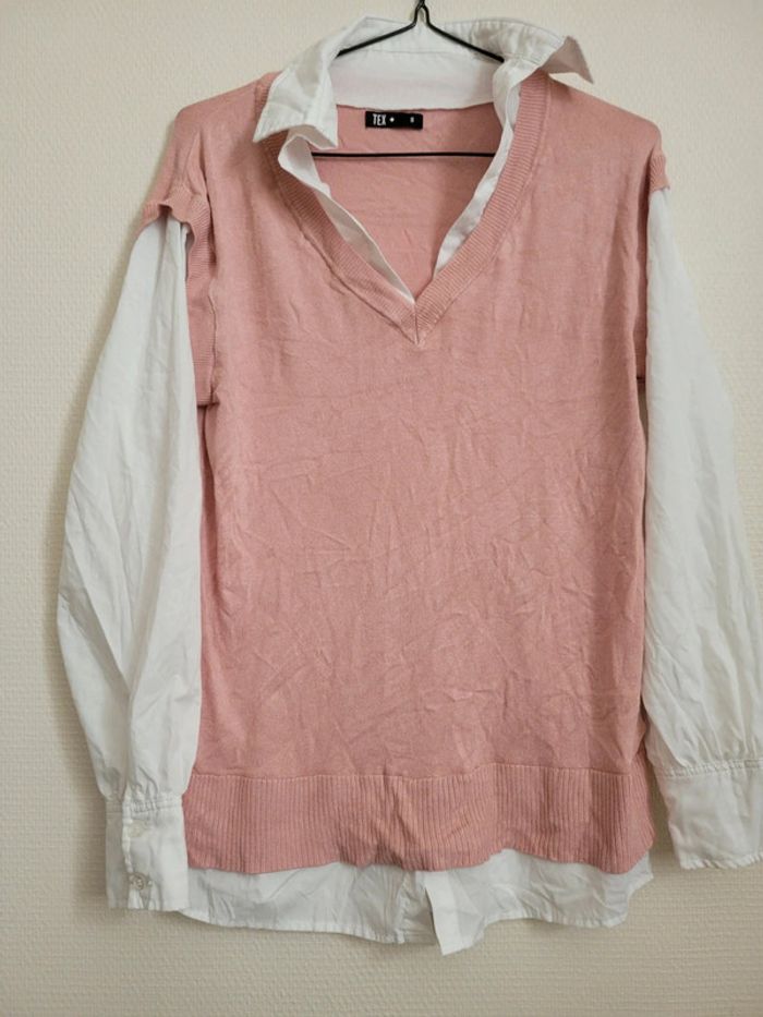 Pull chemisier gilet rose - photo numéro 3