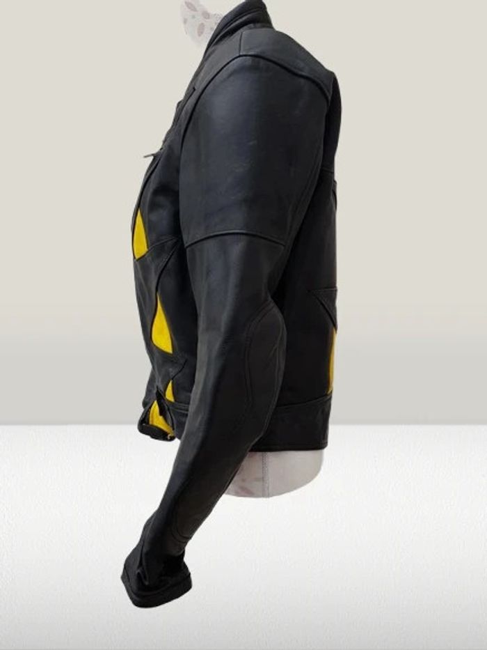 Blouson Moto Cuir Noir Jaune Argenté Avec Protections - photo numéro 2