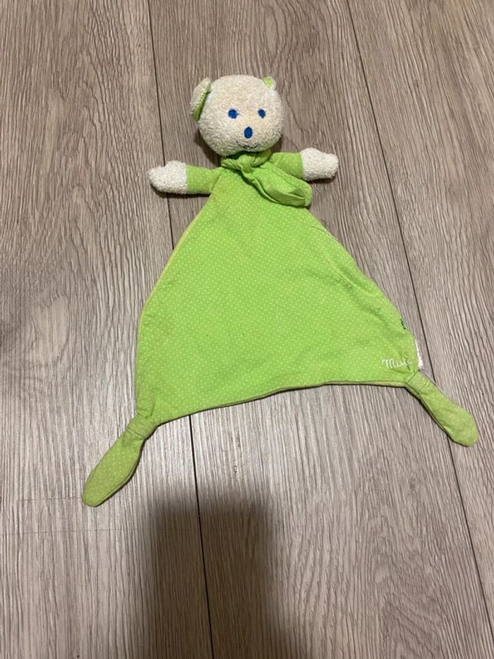 Peluche doudou plat Ours vert Mustela Musti 40cm