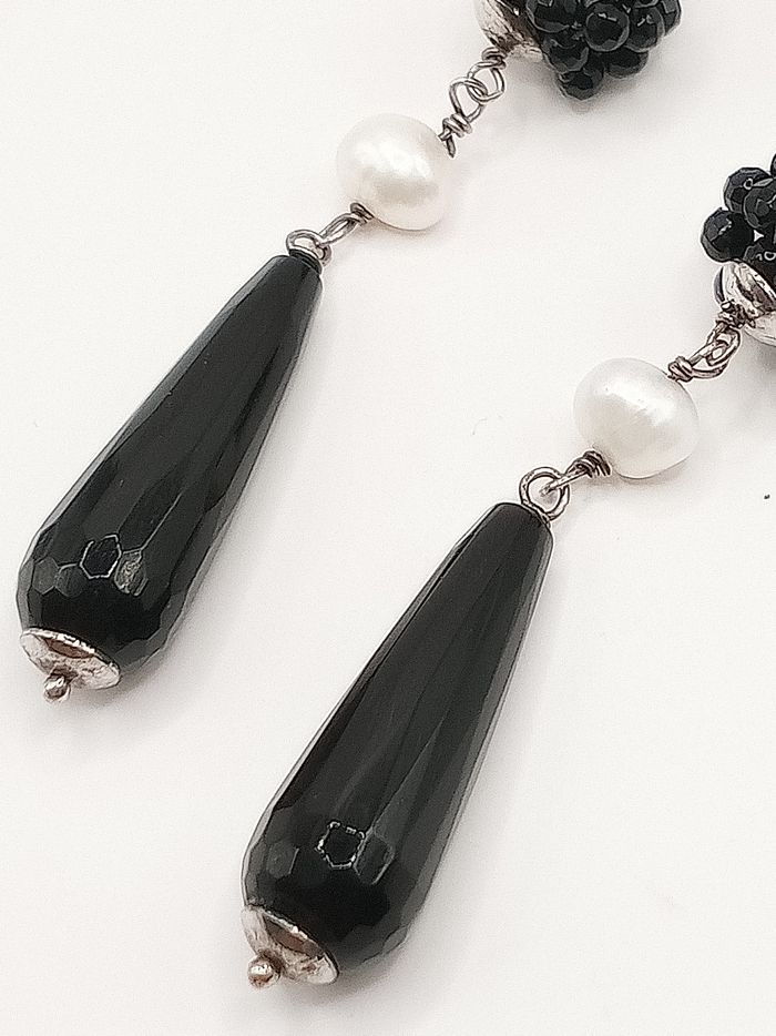 Orecchini donna clip vintage artigianali argento 925 perla fiume neri bianchi - photo numéro 8
