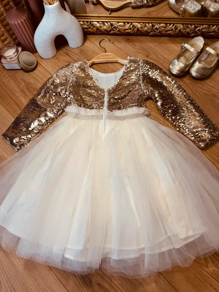 Taille 2-3 ans Robe créateur fille TAO crème dorée * sequins tulle * 🩷 - photo numéro 7