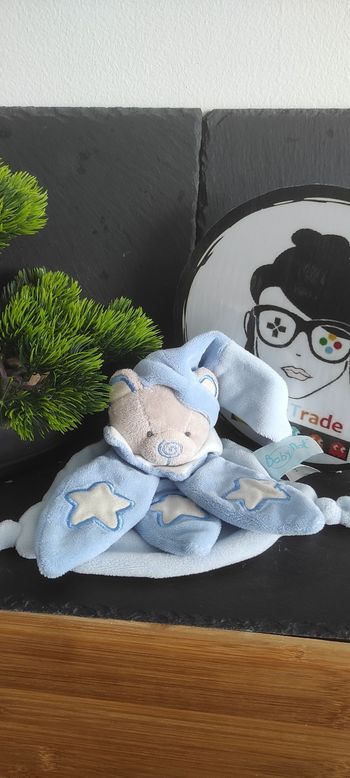 Doudou plat ours Baby nat Luminescent bleu étoile blanc bn662 beige Bonnet Noeud