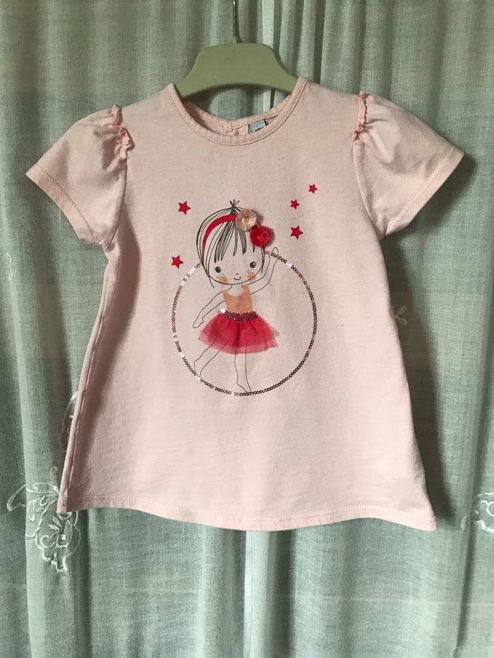 T-shirt tunique rose danseuse tutu sequins 2 ans