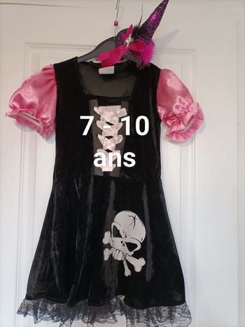 Déguisement sorcière pirate crâne halloween noir et rose 7-10 ans avec serre tête 
