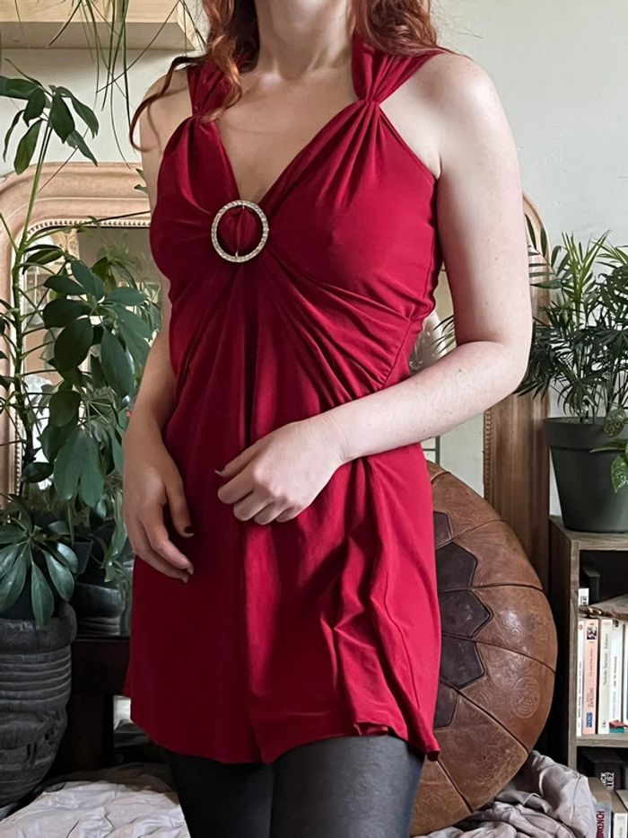 Robe de soirée marqué à la taille et plissé courte - rouge - photo numéro 7