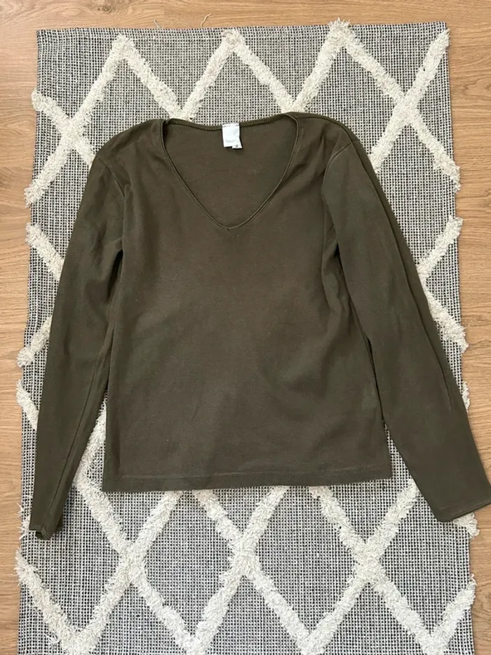 Pull cardigan col V kaki Camaïeu - photo numéro 4