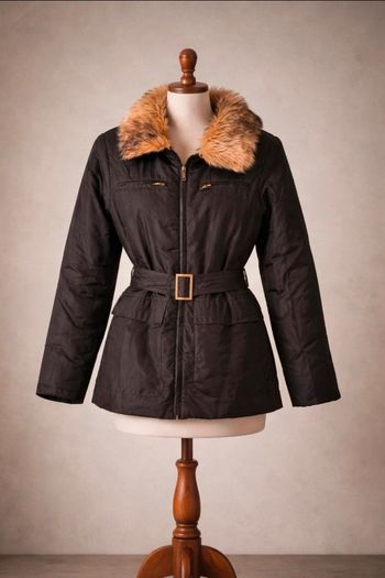Manteau long femme marron avec col fausse fourrure – Taille 38/40