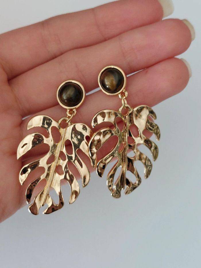 Paire de boucles d'oreilles pendantes - feuille doré - acier inoxydable - neuves 🌴 - photo numéro 3
