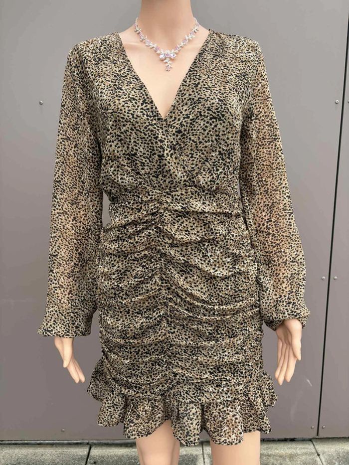 Robe léopard froncée manches longues fluide – Taille S - photo numéro 2