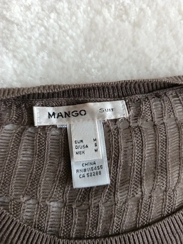 Pull léger Mango suit M beige taupe mailles écartées ajourées manches 3/4 - photo numéro 6