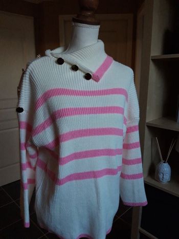 Pull marinière  maille blanc rayé rose bonbon neuf