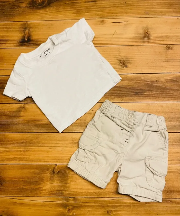 Petit ensemble estivale avec tee shirt blanc et bermuda beige 3 mois