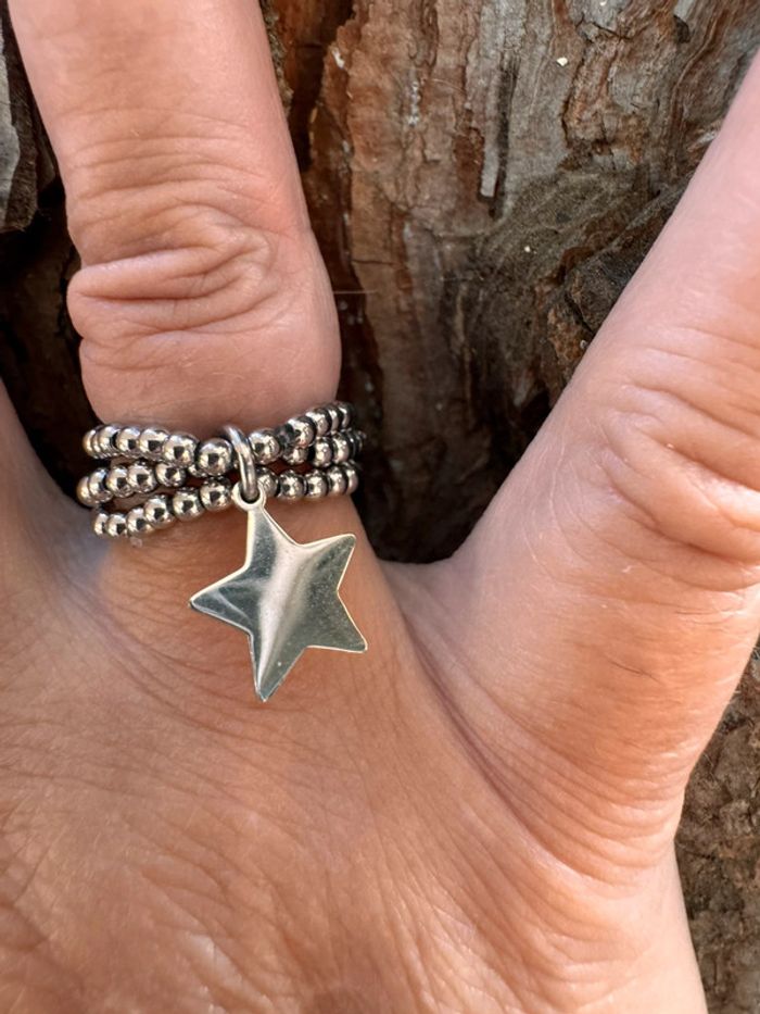 Bague 3 rangs réglable boule étoile en breloque acier inoxydable argent - photo numéro 2