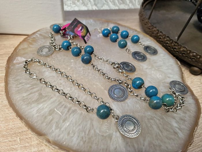 Parure De Bijoux Collier Boucles D'oreilles Bracelet Argentée Perles Turquoises - photo numéro 10