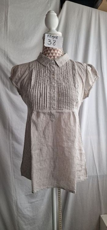 Blouse, fines rayures beige, en très très bon état, en coton, longueur 62cm, largeur d'épaule 36cm