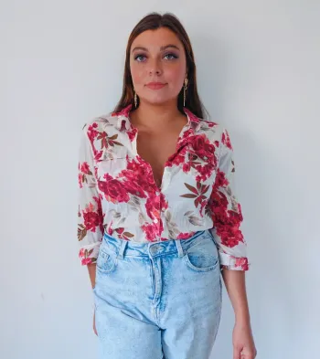 Chemise légère en coton blanche à fleurs roses Jacqueline Riu Taille 38