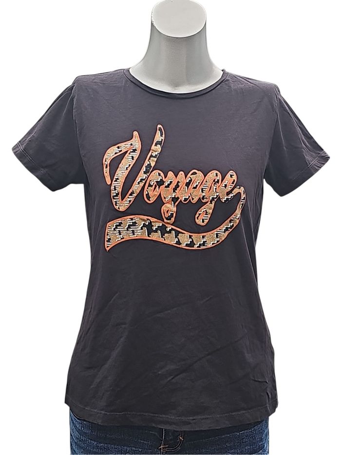 T-shirt noir « Voyage » – imprimé tendance – Taille S (voir mesures)