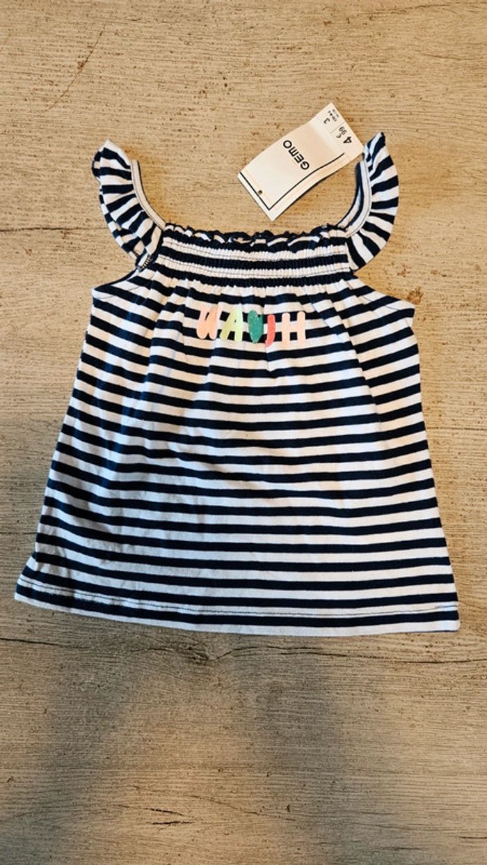 Débardeur bleu ligné blanc à bretelles, Gemo, 3 ans, neuf avec étiquette - photo numéro 2