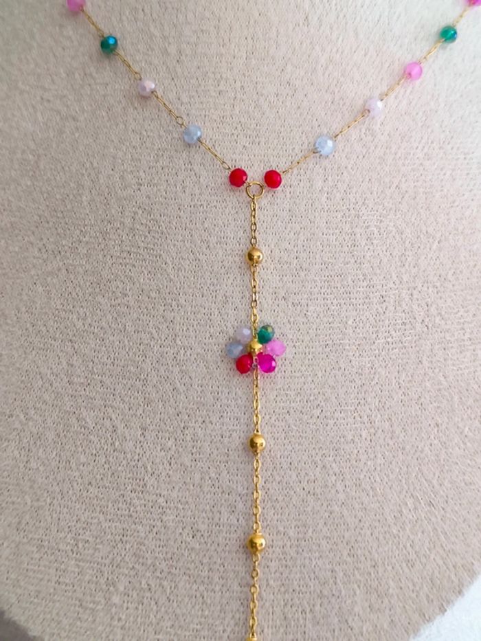 Pendentif doré en Y avec fleur marguerite et perles multicolores - photo numéro 3